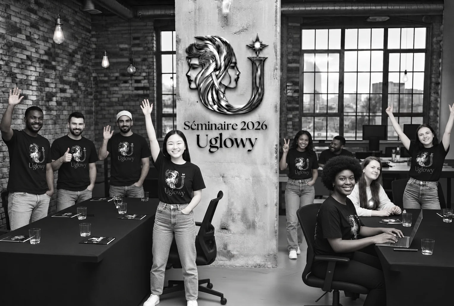Illustration en noir et blanc d’un groupe réuni autour de l’emblème Uglowy, dans un espace de séminaire.